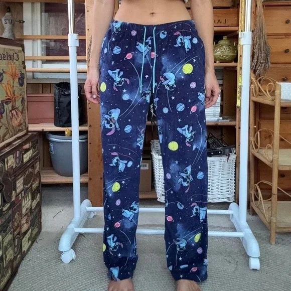 Disney Lilo & Stitch Galaxy Fleece Pajama Pants Navy Blue Star Print Lounge S - Picture 3 of 6